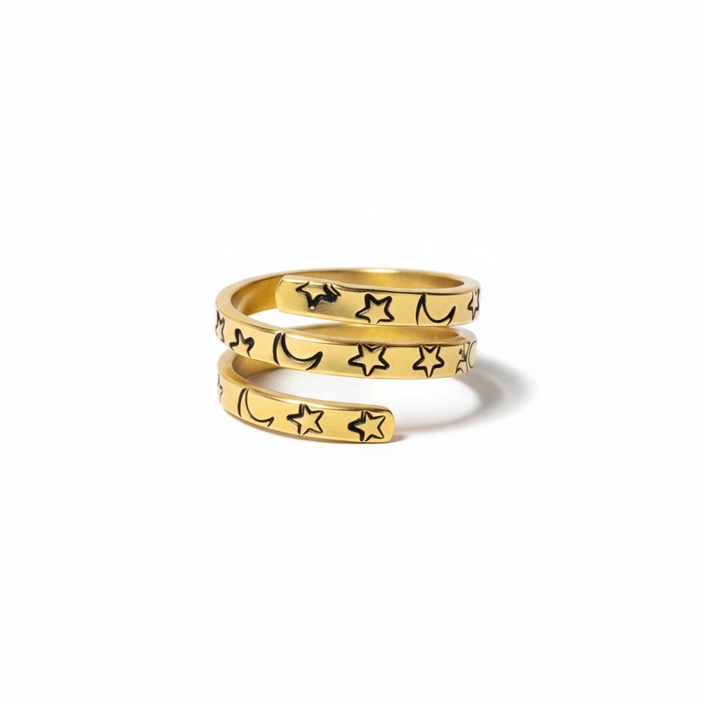Handmade stamped Star and Moon gold brass adjustable wrap‎ thumb Ring